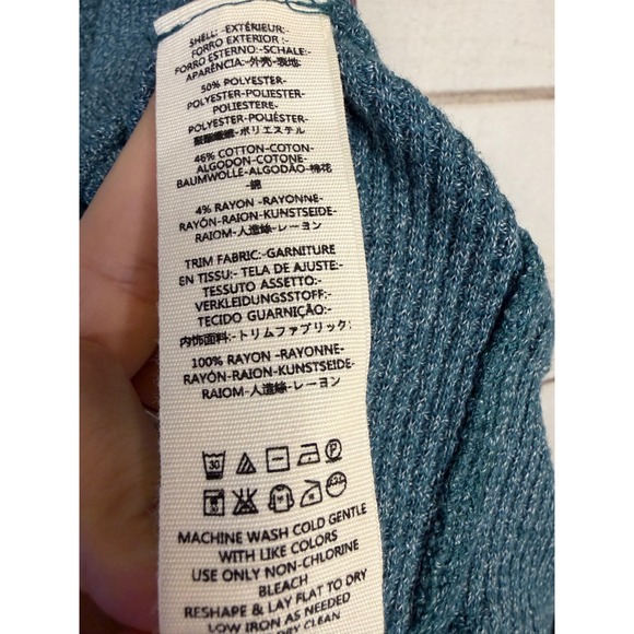 Free People We The Free Teal Waffle Knit Patchwork Balloon Sleeve Thermal Top L - Picture 4 of 5